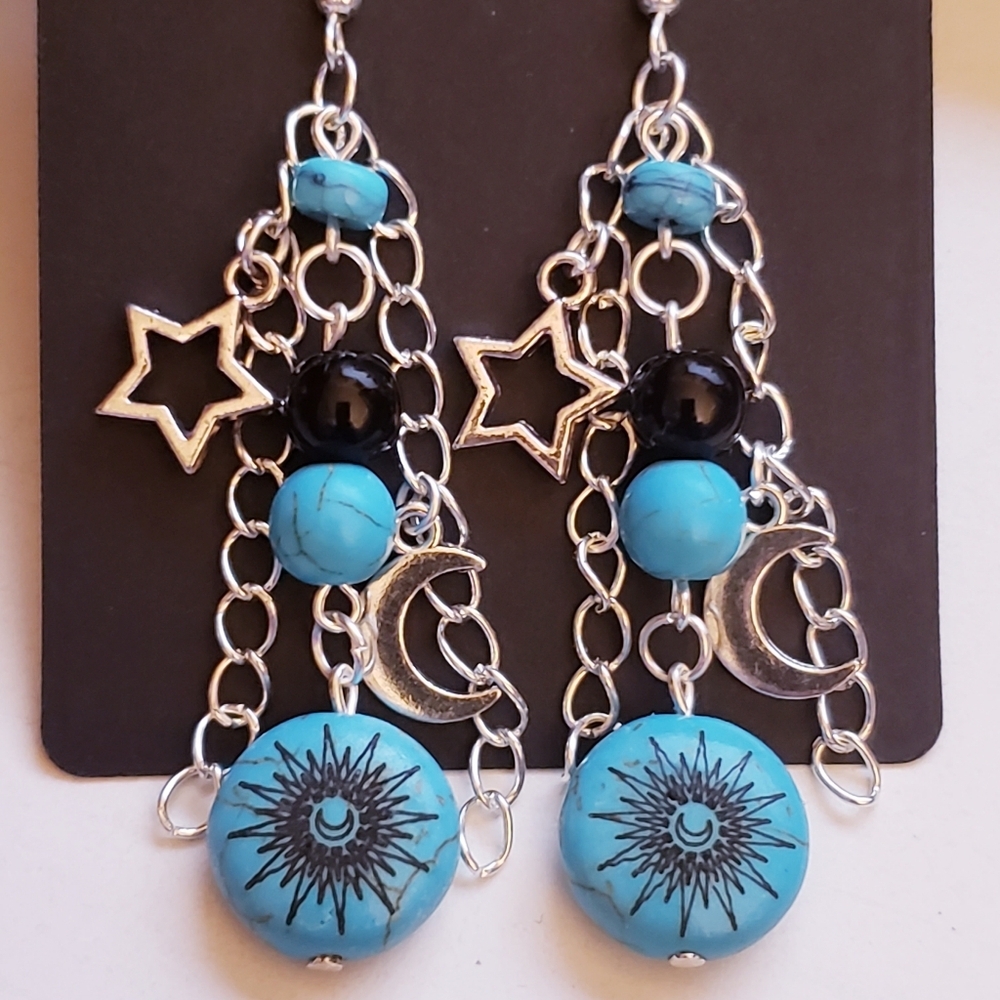 Handmade Boho Celestial Moon Star Turquoise Dangle Chain Earrings